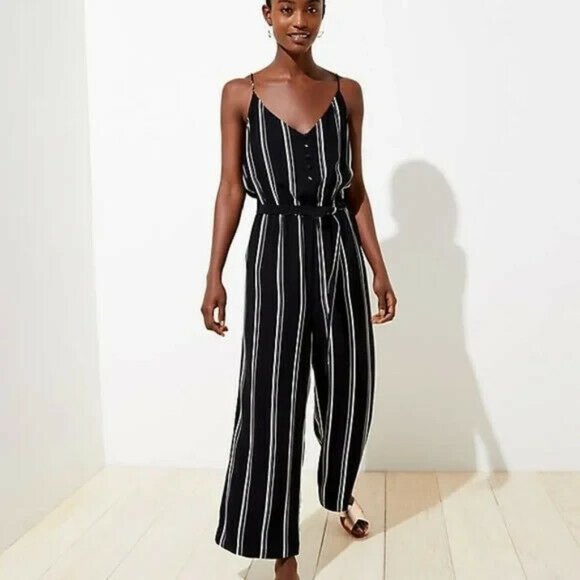 LOFT Pants - Ann Taylor LOFT Womens 2 Striped Cami Jumpsuit Blossom Stripe Belted Black White